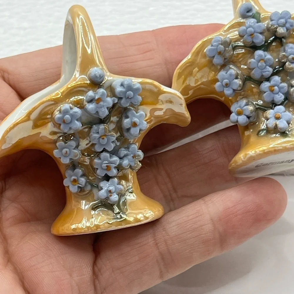 2 Vintage Elfinware Miniature Basket with Blue Flowers Made in Germany